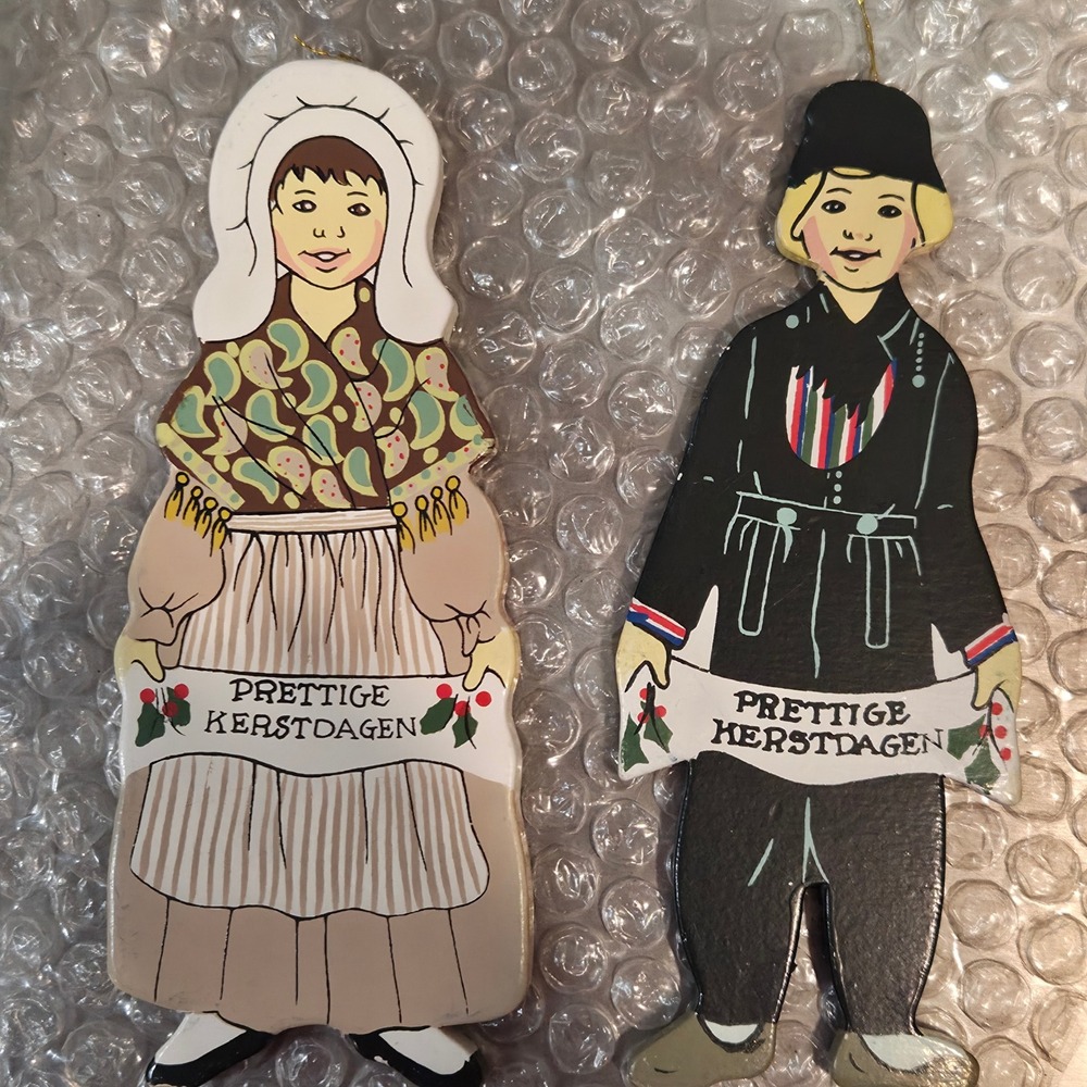 Vtg Hewitt Newkirk Dutch Boy Girl Wood Christmas Ornaments Prettige Kerstdagen